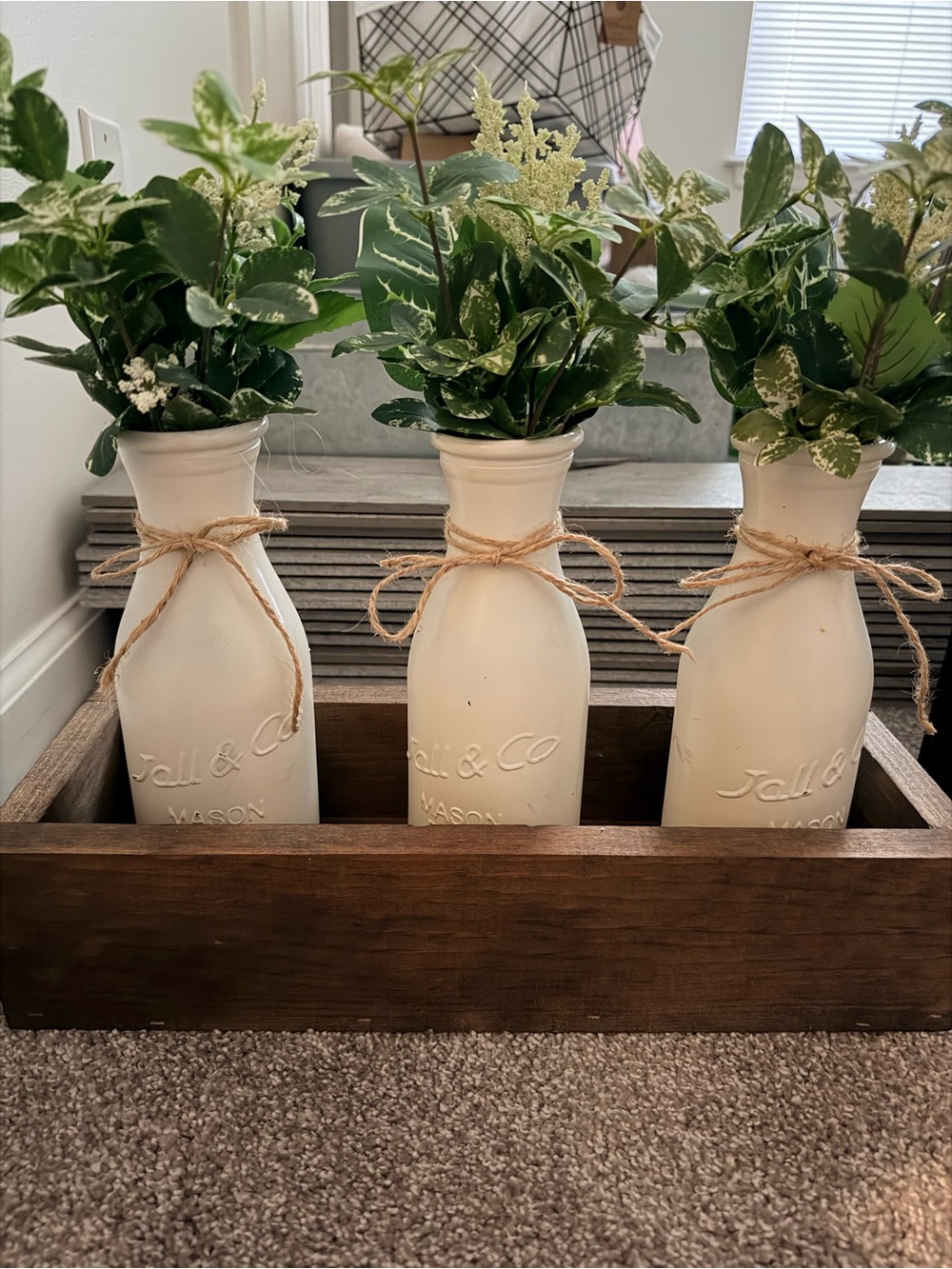 Farmhouse White Mason Bottle Vase Trio with Greenery